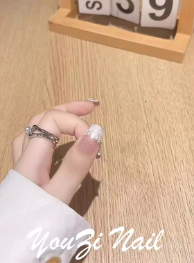 贝母螺纹法式少女手工穿戴甲珍珠裸色假指甲贴片光疗美甲成品指甲