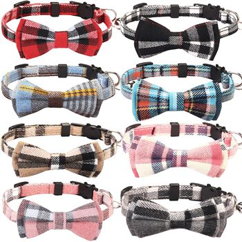 Cross-Border Pet Collar Bell Bow Plaid Collar Cat Head Safety Buckle Escapeable Cat Collar