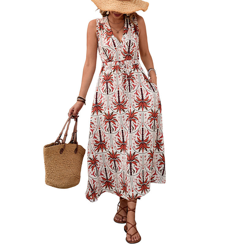 Tropical Floral Print Maxi Dress Sleeveless V Neck Flowy Design Perfect for Vacation or Resort Wear Wholesale
