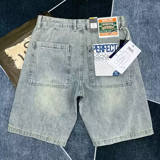 Summer American High-End Men's Denim Shorts Japanese Retro Thin Casual Distressed Loose Straight Five-Point Shorts for Men