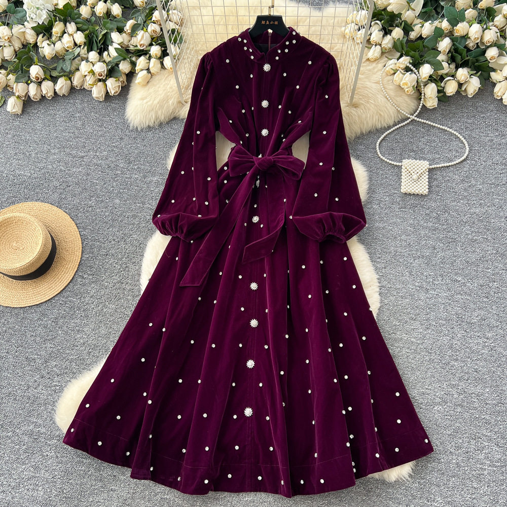 Vintage French Style Velvet Dress High End Embellishments Lantern Sleeves Waist Tie Button Closure Elegant Evening