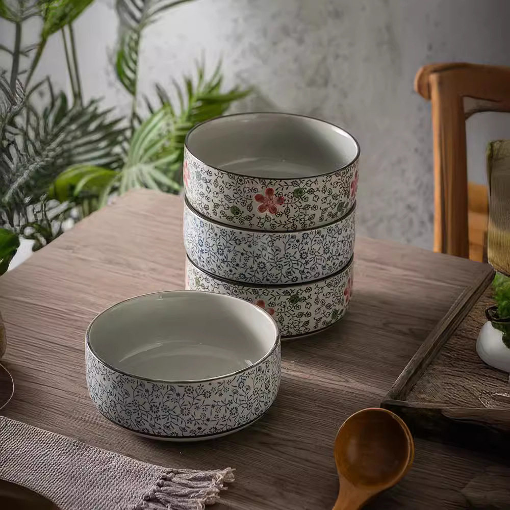 Jixiang Flower Ceramic Large Soup Bowl Straight Body Wide Mouth Noodle Bowl Seafood Soup Bowl Large Ceramic Bowl Household Sweet Soup Bowl
