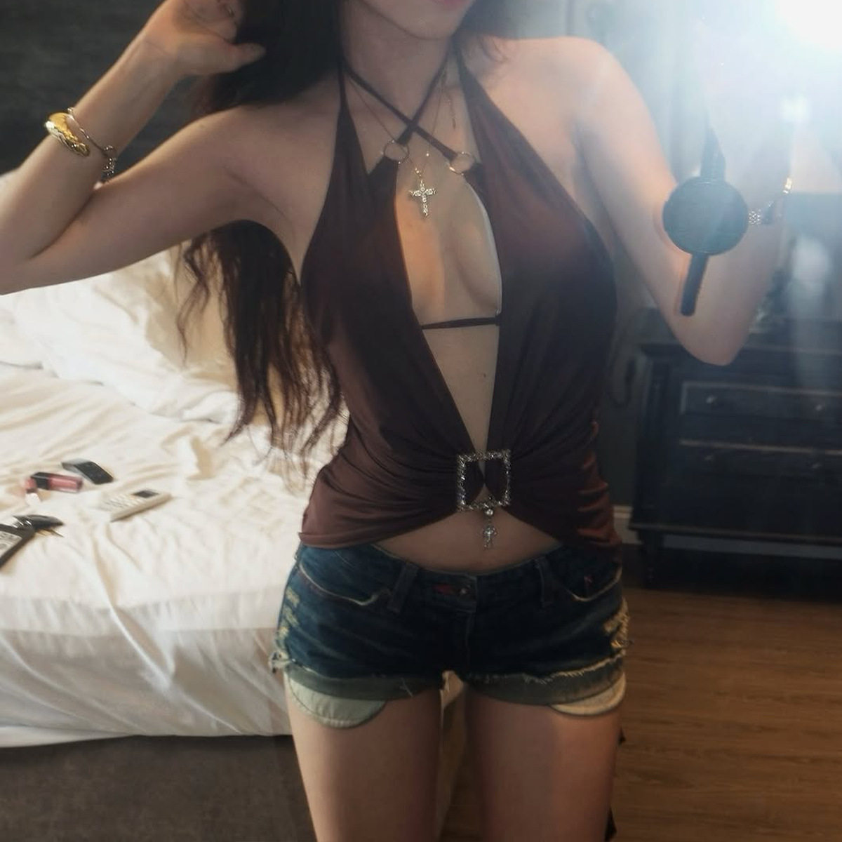 Womens Spring Sexy Hollow Out Deep V Neck Solid Color Halter Top and Bottom Set Trendy Chic Versatile Wholesale