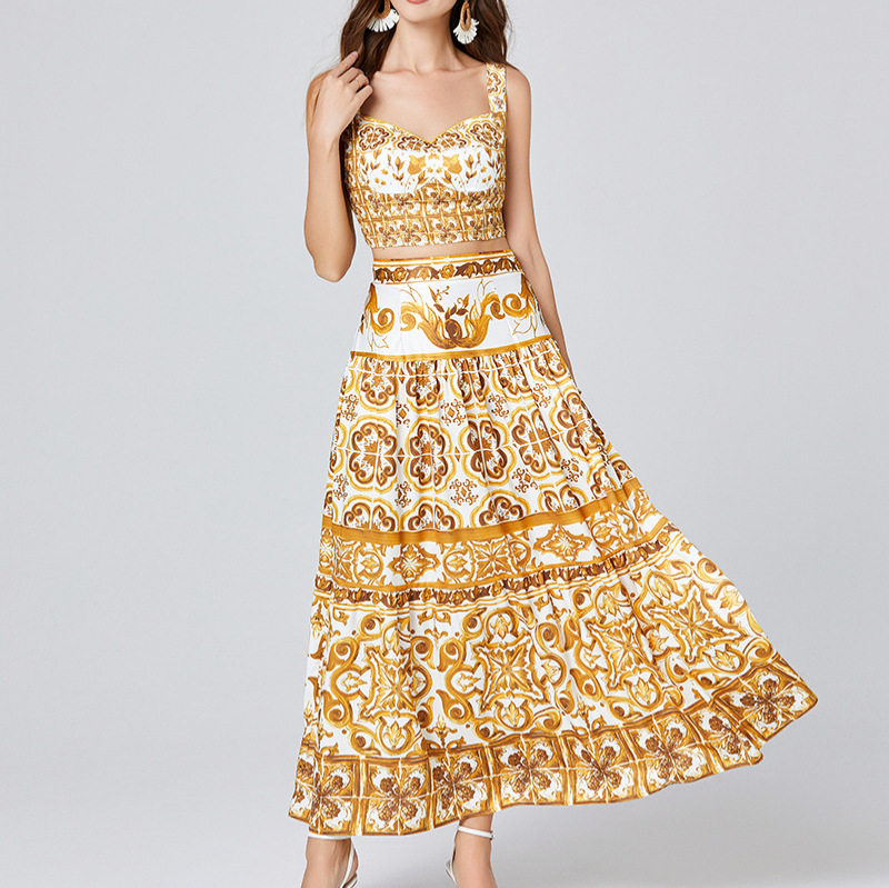 Floral Print Two Piece Set Sleeveless Crop Top High Waisted Midi Skirt Summer Casual Wear Wholesale Available