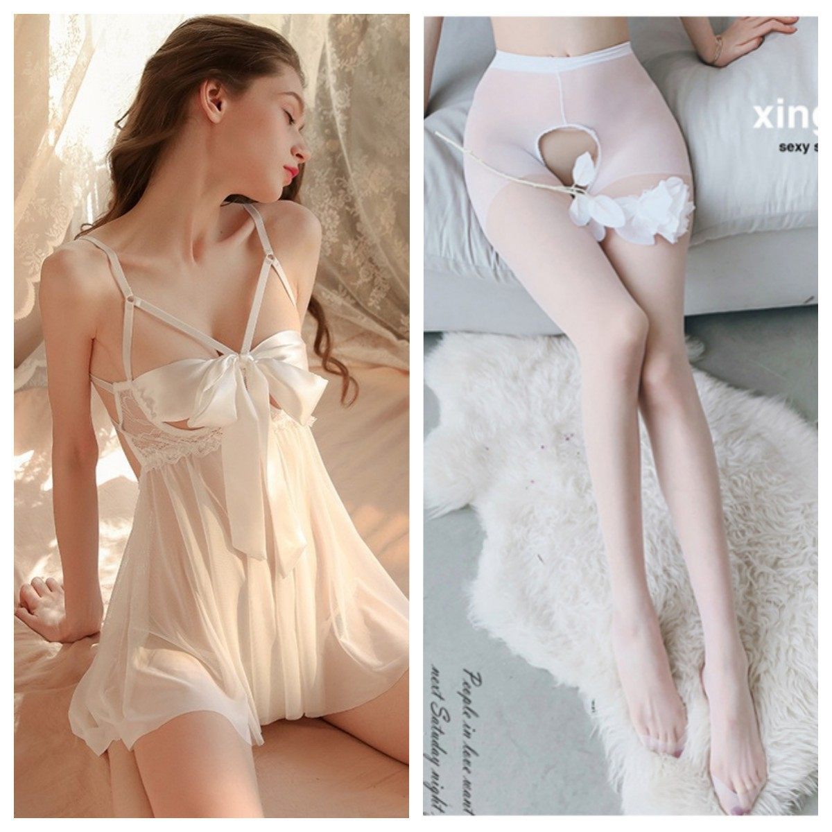 性感情趣内衣透视蕾丝系带蝴蝶结小胸开裆免脱睡衣纯欲激情套装女