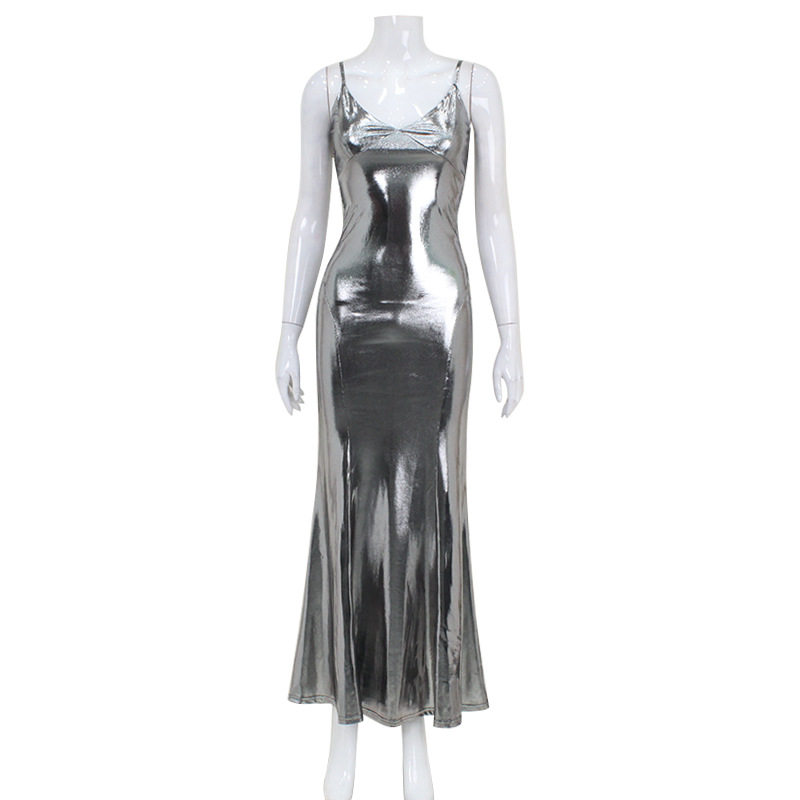 Metallic Silver Backless Mermaid Dress Sexy Sleeveless Liquid Fabric Elegant Evening Gown Wholesale Available