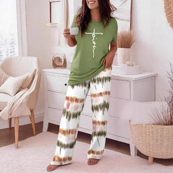 2025 Cross-Border Spring and Summer New Style Comfortable Round Neck Short-Sleeved Casual Striped Printed Wide-Leg Pants Two-Piece Suit