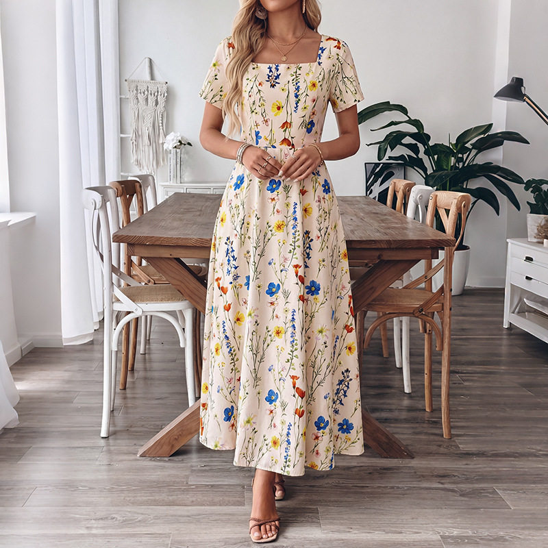 Floral Print Square Neck Short Sleeve Dress French Vacation Style Summer Collection Wholesale Available
