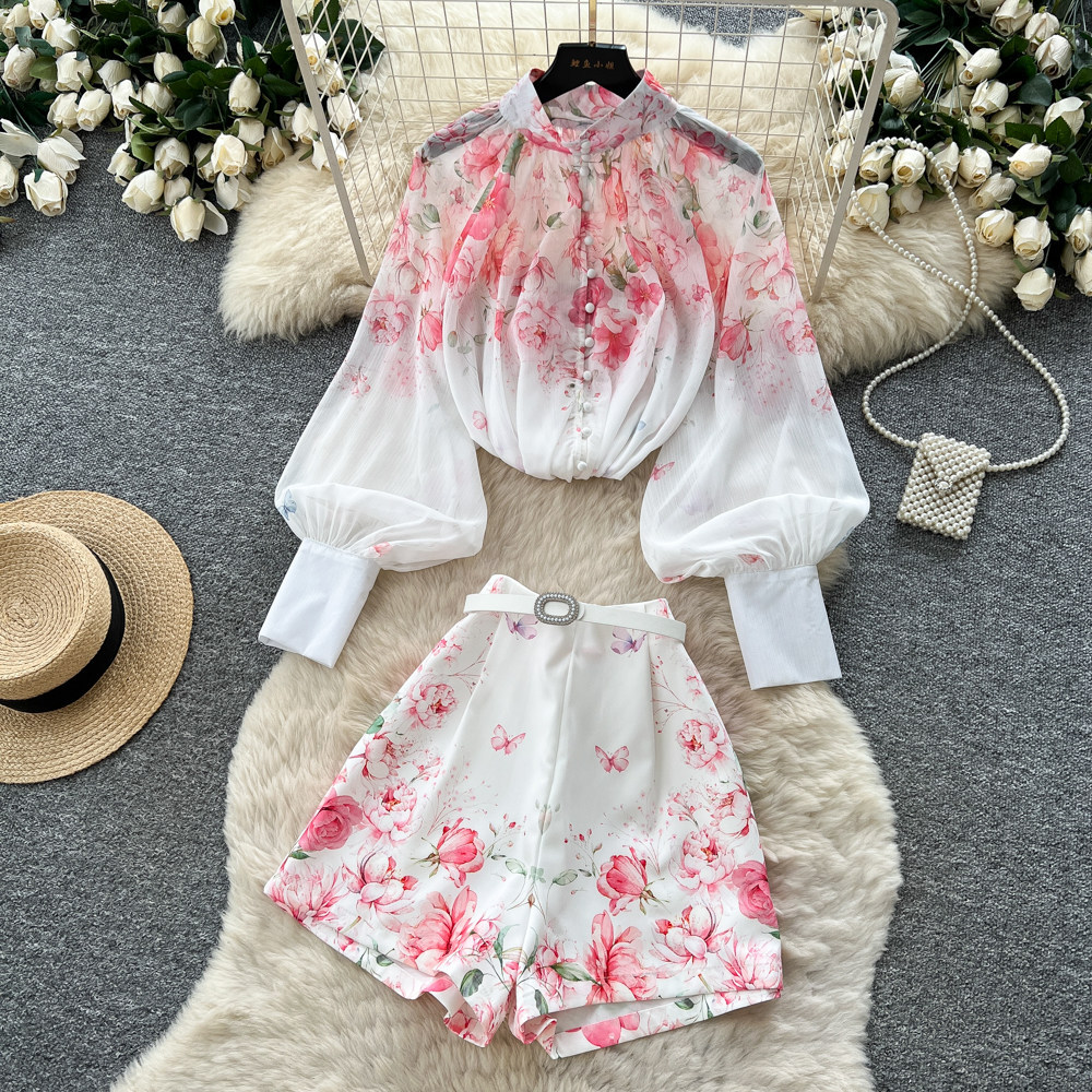 Fashion Floral Print Two Piece Set Lantern Sleeve Top Stand Collar High Waisted Shorts Office Wear Casual Style