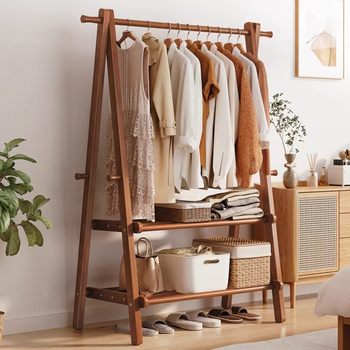 Carefully Selected Foldable Clothes Rack for Bedroom, Indoor Floor-Standing Beech Wood Storage Drying Rack, Solid Wood Vertical Coat Rack