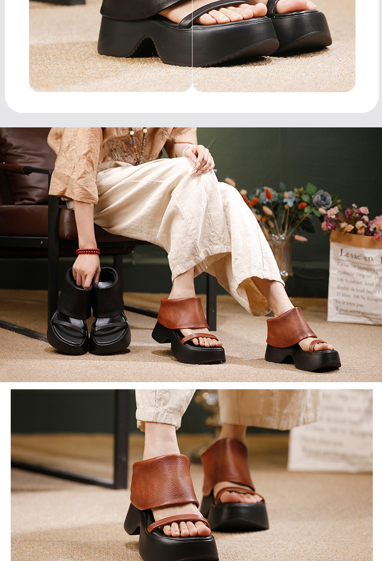 Sandal La Mã nữ da bò thật đế dày gót cao thoải mái — màu đen, Màu nâu