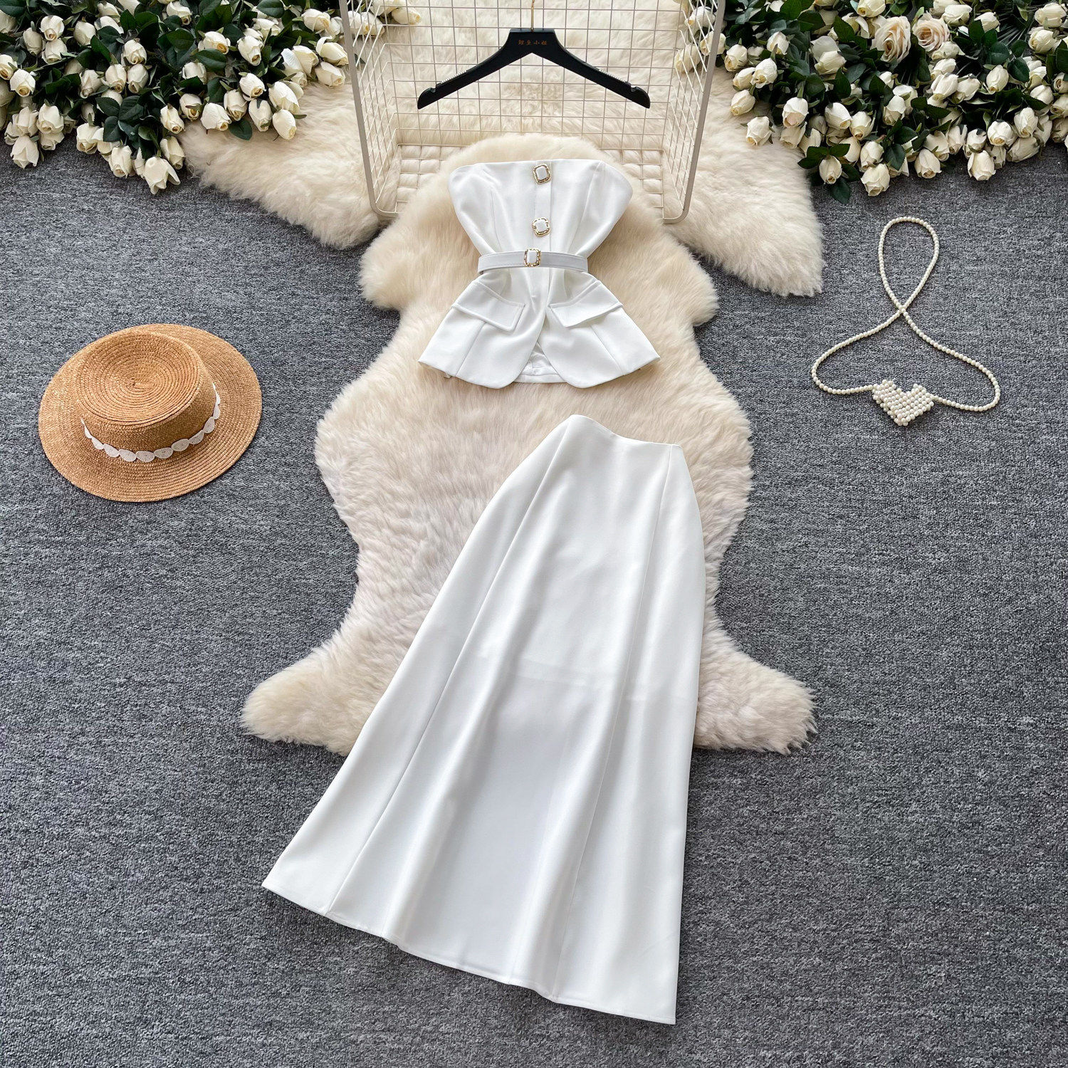 Elegant White Strapless Crop Top and Fitted Midi Skirt Set Summer Office Wear Slimming Chic Style Wholesale Available