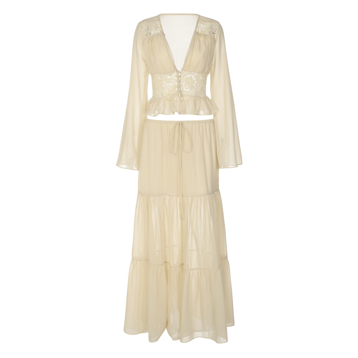 时尚法式欧美跨境新款女装性感蕾丝雪纺开衫上衣宽松透视绑带长裙