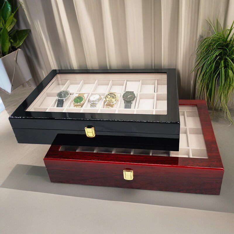 Guangdong Factory 24-Slot Red Lacquered Wooden Watch Box with Multiple Window Openings for Storage and Display, Gift Box, Watch Case, Export Special