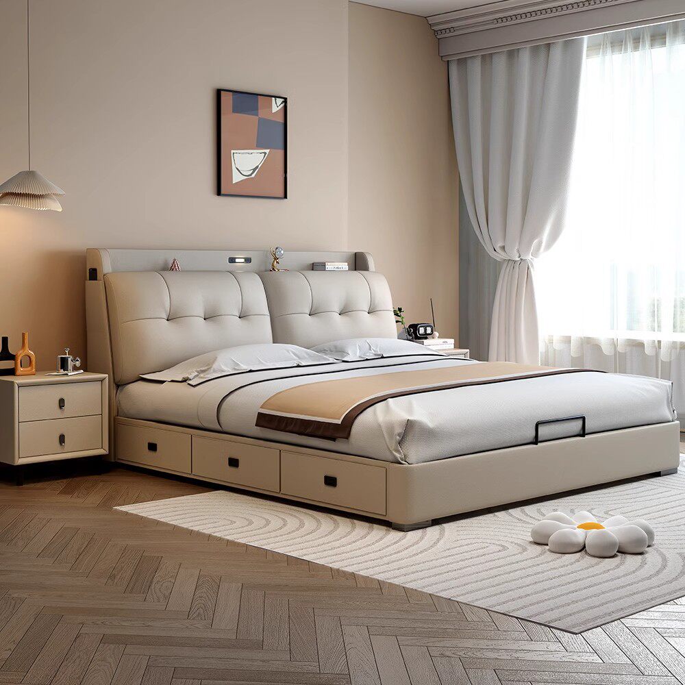 Italian Minimalist Leather Bed 1.8 m Master Bedroom Queen Bed Double Bed 1.5 m Functional Storage Solid Wood Soft Bed Wedding