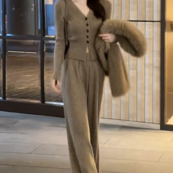 Autumn and Winter New Slim V-Neck Single-Breasted Long-Sleeved Knitted Sweater + Elastic Waist Wide-Leg Casual Pants Two-Piece Suit for Women
