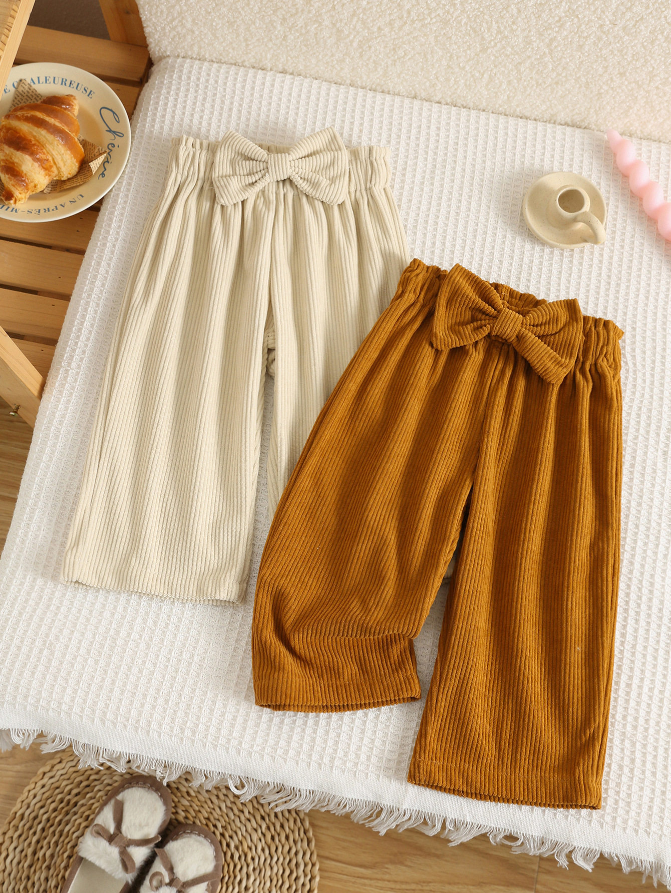 girls' straight trousers, comfortable and loose corduroy straight trousers, bow mid-waist casual trousers
