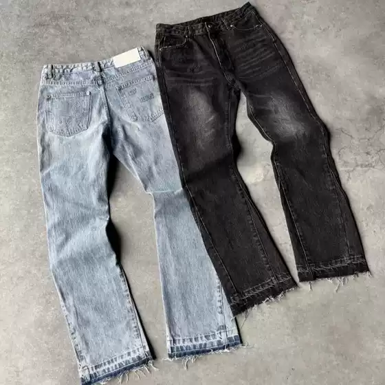 European and American Cross-Border Vintage Washed Distressed Raw Hem Jeans for Men and Women, Hip-Hop Casual Street Style Loose Flared Pants