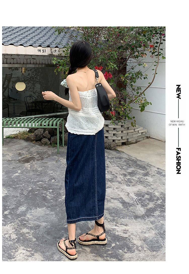 Light Wash Denim Midi Skirt for Women High Waist A Line Split Design Summer Casual Wear Wholesale Available