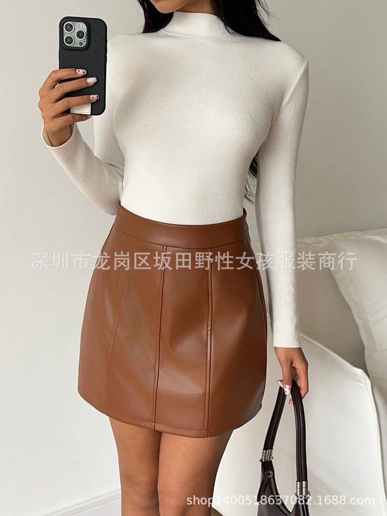 A Line PU Leather Mini Skirt Slim Fit Autumn Winter Style Trendy for Casual Wear Ready to Ship
