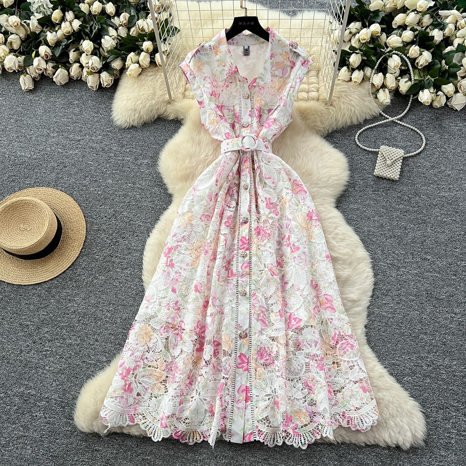 Lace Maxi Dress for Women Elegant Hollow Out Design Summer Casual Wear Available in Multiple Colors and Sizes