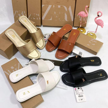 Cross-Border Hot-Selling Za Spot Summer European and American New Flats Slippers Simple Letter Metal Buckle Lightweight Women's Shoes