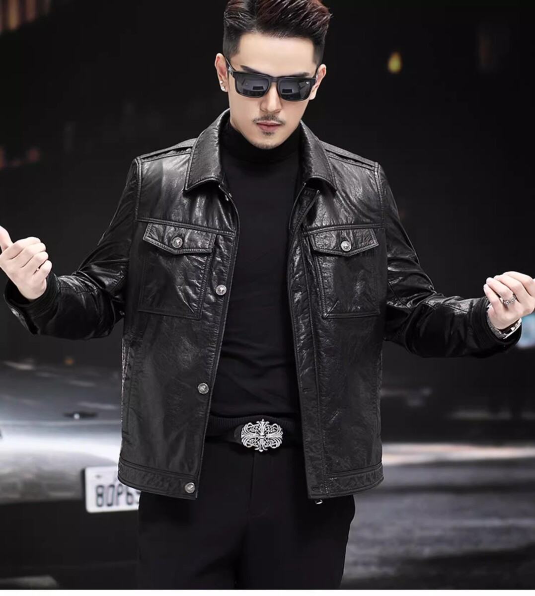 Áo khoác da bò nam cổ lật phong cách lịch lãm — Màu đen