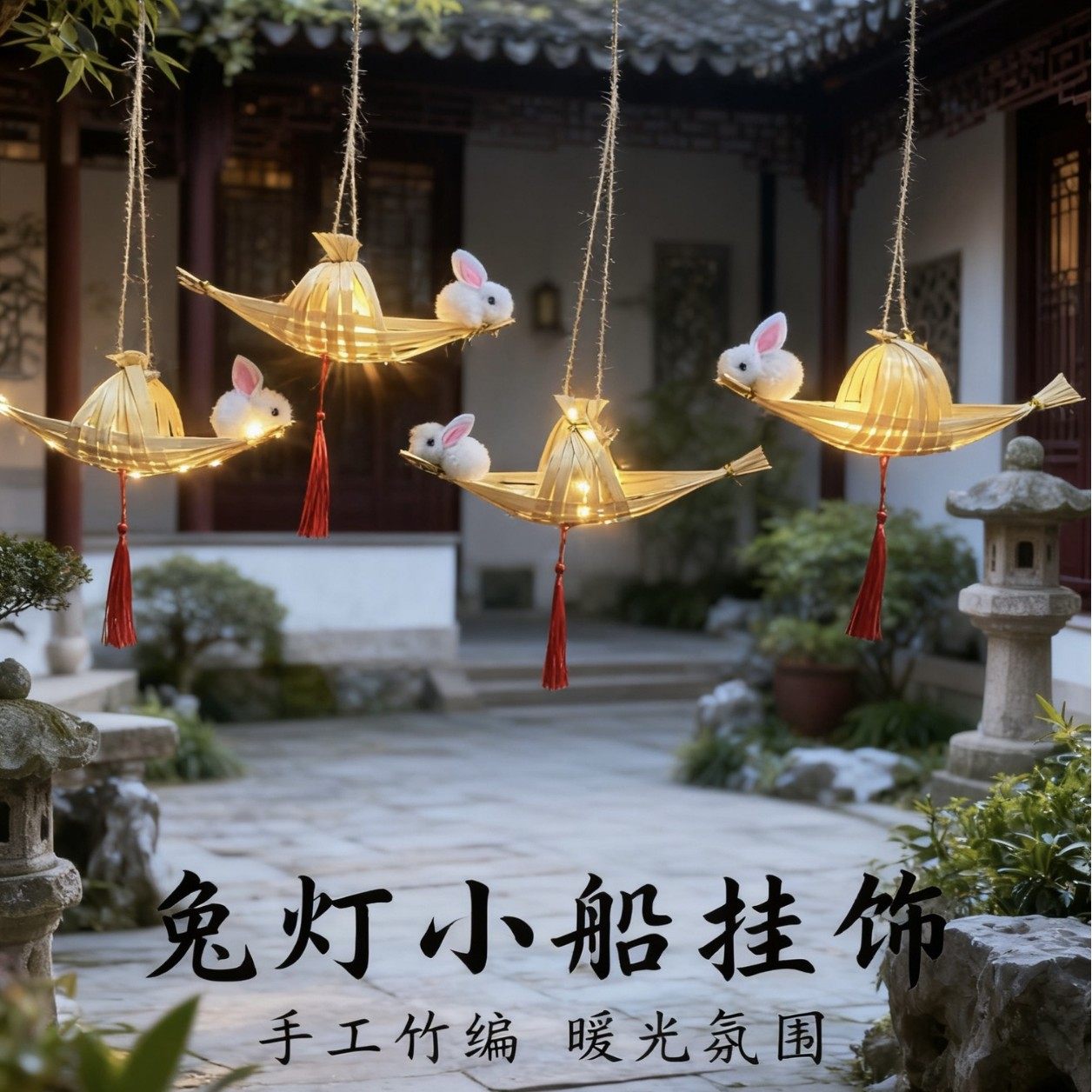 Bamboo Moon Boat Rabbit Lantern Mid-Autumn Festival Chinese Style Lantern Creative Ancient Style Lantern Portable Outdoor Holiday Pendant