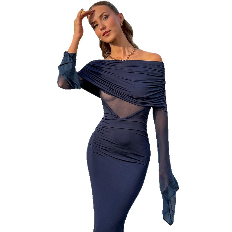 Summer Womens Long Dress Sexy Sheer Mesh Panel Strapless Long Sleeve Elegant Evening Wear Wholesale Available
