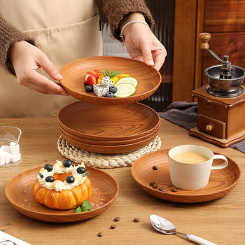 Retro Wood Grain Disc Ins Plastic Plate Dish Commercial Round Household Coffee Cake Dessert Fruit Plate