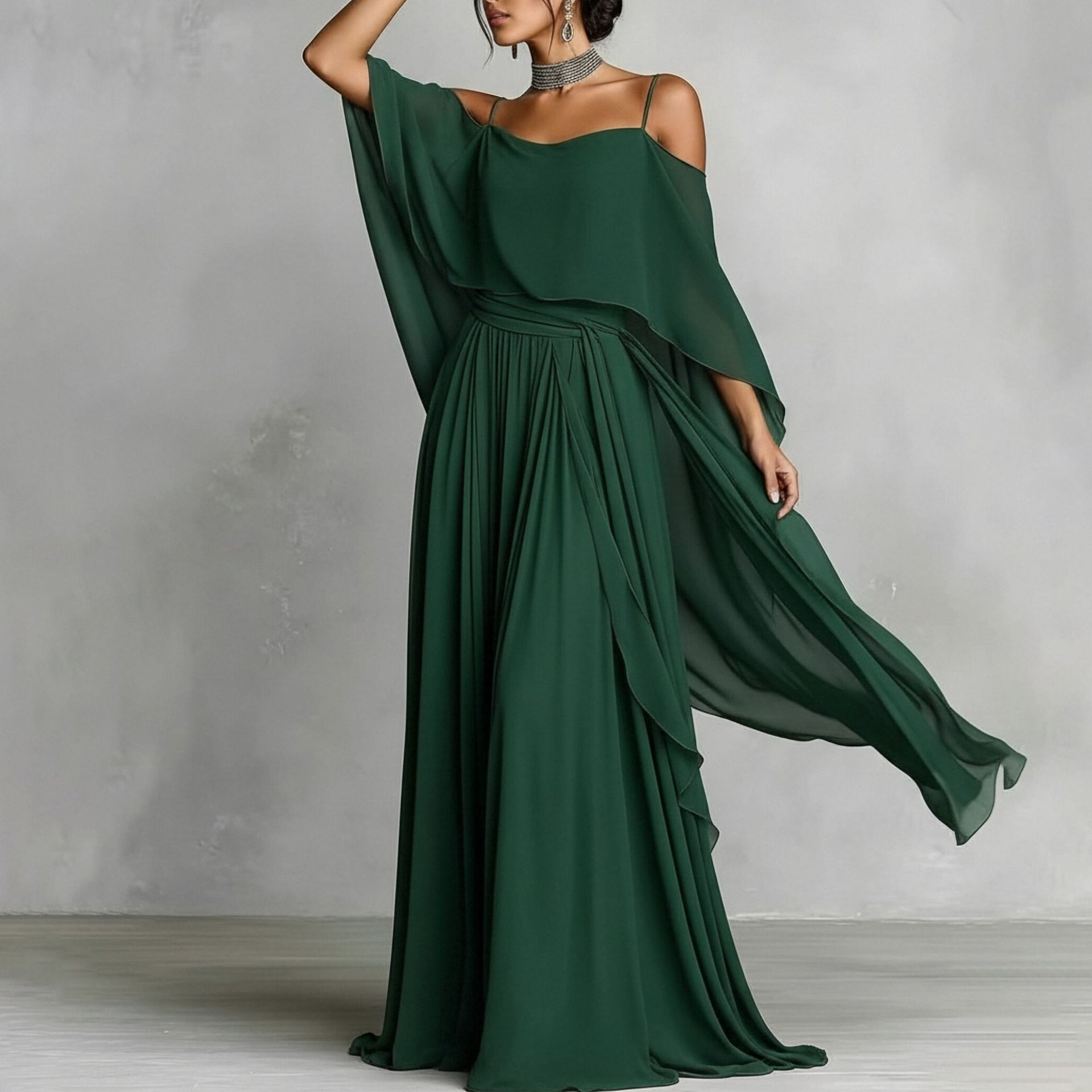 Elegant Womens Maxi Dress Lightweight Solid Color Pleated Design Mesh Details Summer Occasion Wholesale Available