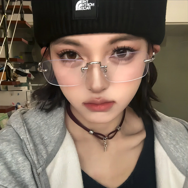 silver Frameless Square Anti-Blue Light Flat Mirror Spice Girls Y2K Sven Glasses Frame Can be Equiped with Myopic Glasses Frame for Men and Women