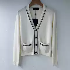 Nanyou Top Version L Brand Striped V-Neck Early Autumn New Versatile Double Pocket Arc De Triomphe Logo Long-Sleeve Cardigan