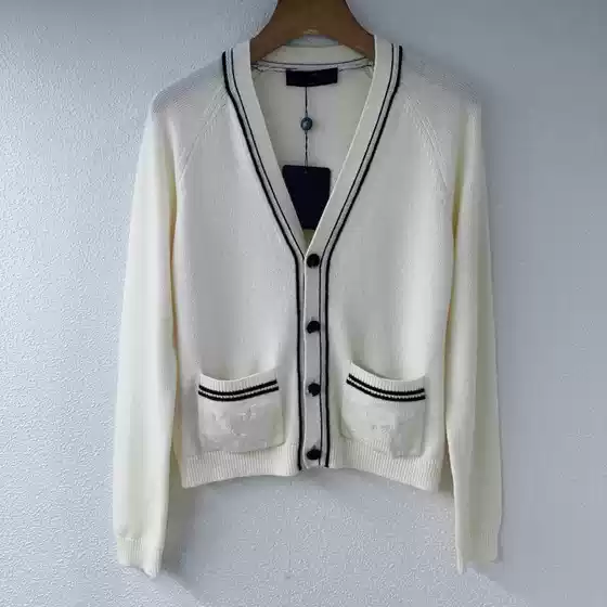 Nanyou Top Version L Brand Striped V-Neck Early Autumn New Versatile Double Pocket Arc De Triomphe Logo Long-Sleeve Cardigan