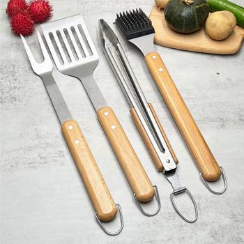 Amazon in stock Stainless Steel BBQ Tools suit Outdoor BBQ Beech Handle Shovel Fork Clip Combination Baking Tool 4-piece Set