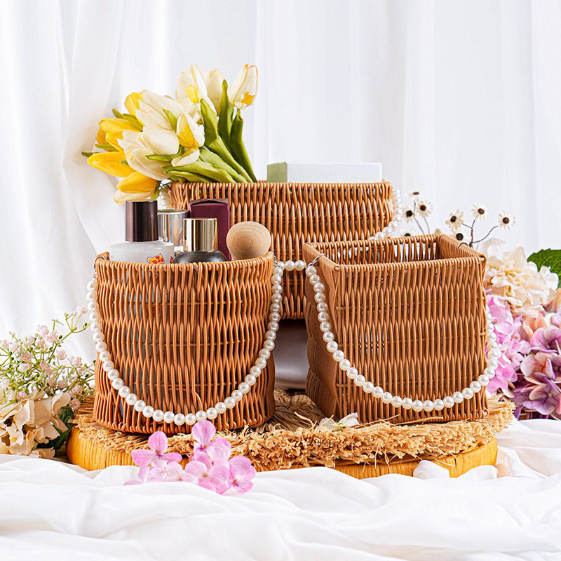 Pp Rattan Hand Basket Pearl Handle Bag Wedding Decoration Flower Basket Woven Gift Box Decorative Basket Storage Basket