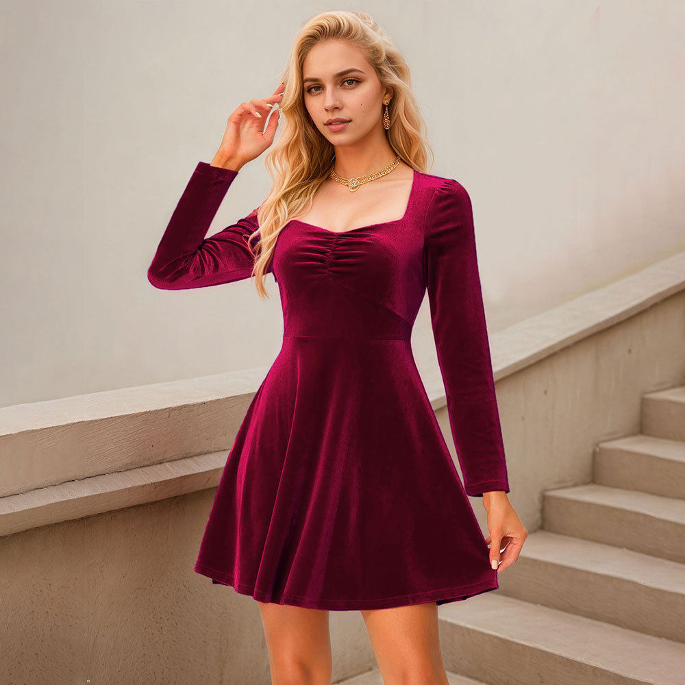 Elegant Burgundy Velvet Dress Slim Fit Short Length Spring Summer Style Wholesale Available custom packaging