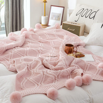 Trendy Chenille Pom-Pom Blanket Sofa Throw Knitted Chunky Yarn Woven Bed End Blanket Decorative Aω