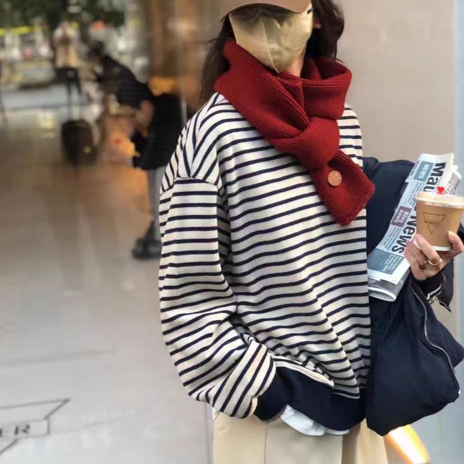 American Retro Stripesd Lazy Style Sweatshirt for Women Spring & Fall 2025 New Oversize Design Velvet Top Winter