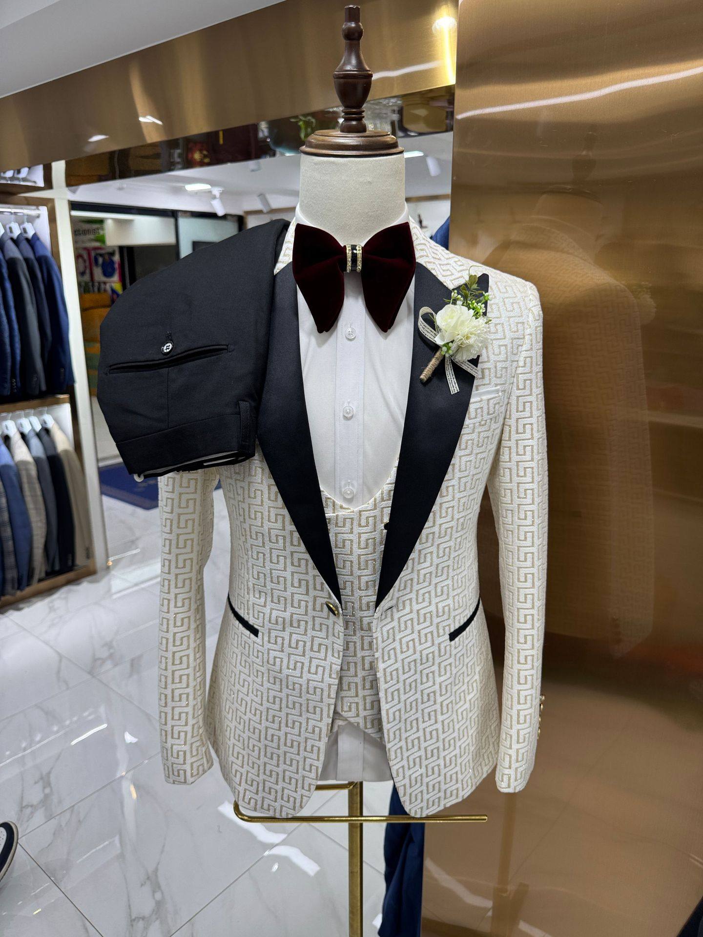 men's suit autumn and winter printed wedding casual host suit 3-piece set