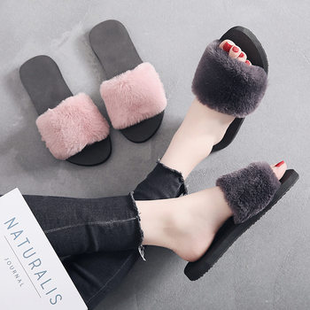 2024 Internet Celebrity New Flats-Soled Furry Slippers for Women Autumn and Winter Fashionable Outer Wear Non-Slip Warm Flip-Flops Plush Slippers
