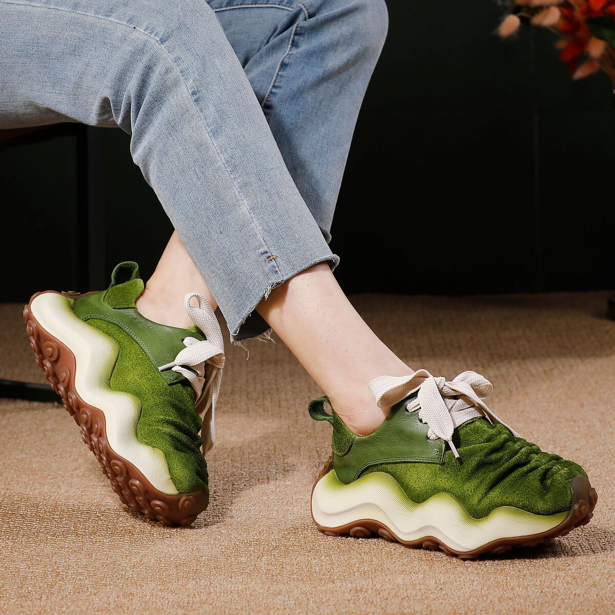 Giày sneaker nữ da bò thật đế dày phong cách thể thao dây buộc — màu nâu, màu xanh lá cây