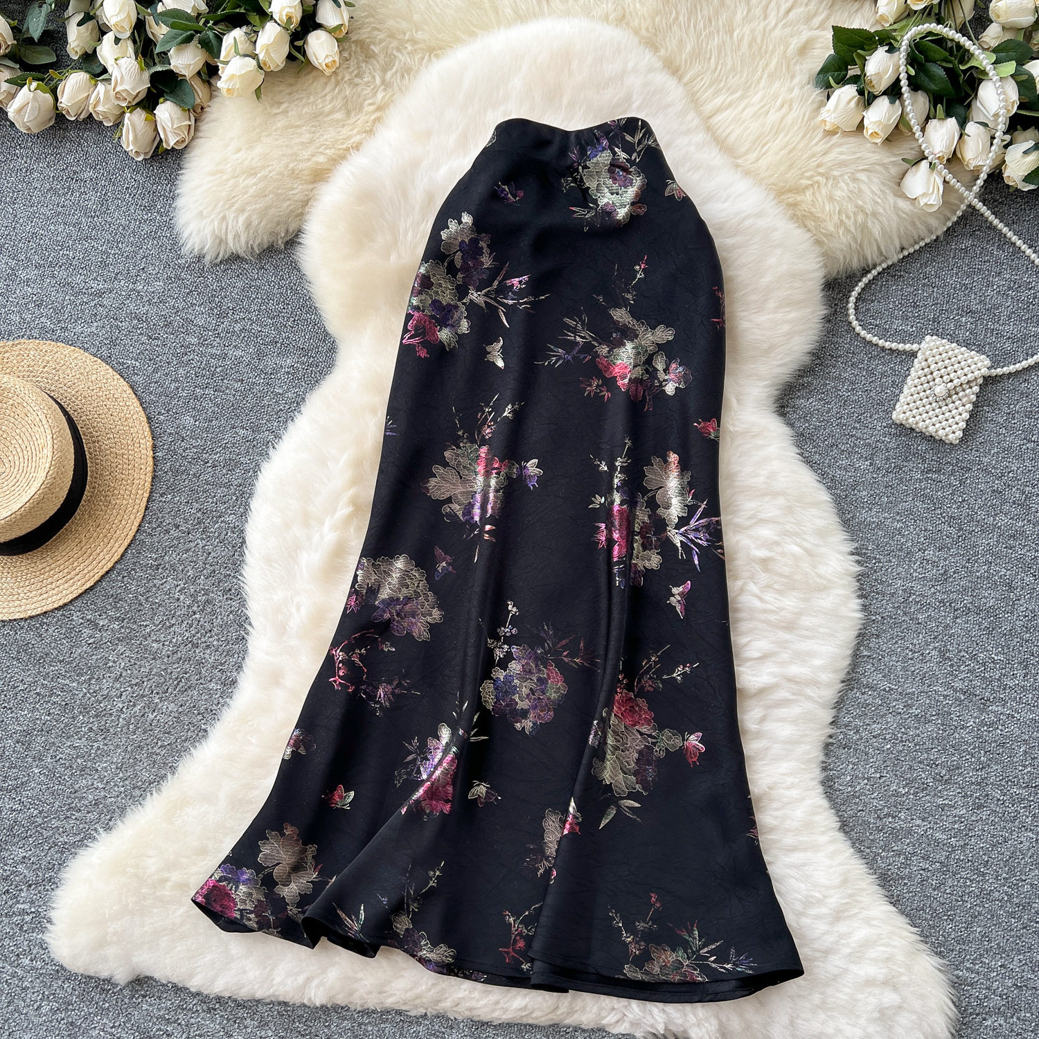 High Waist Mermaid Skirt for Women Satin Fabric Gold Foil Print Elegant Summer Style