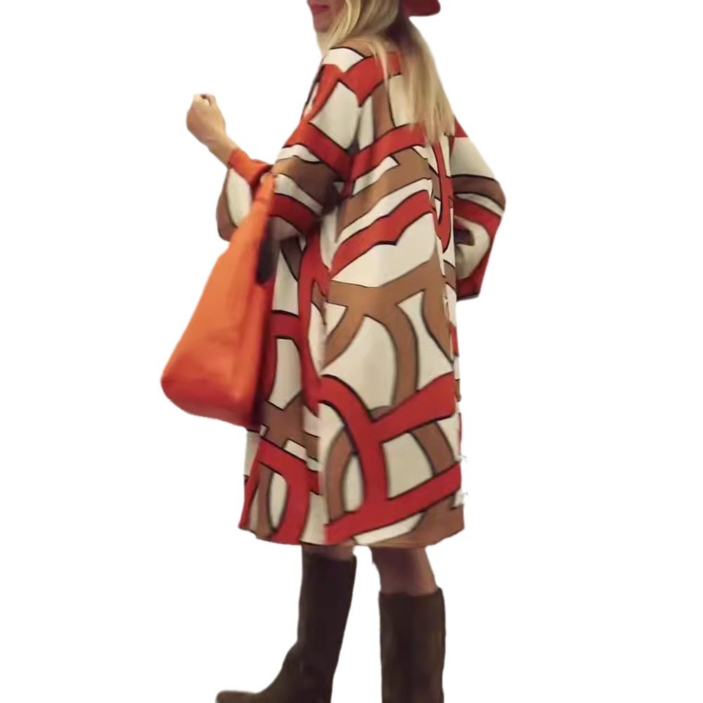 Long Sleeve Printed Dress Round Neck Trendy Design Autumn Collection Perfect for Casual Outings Wholesale Available
