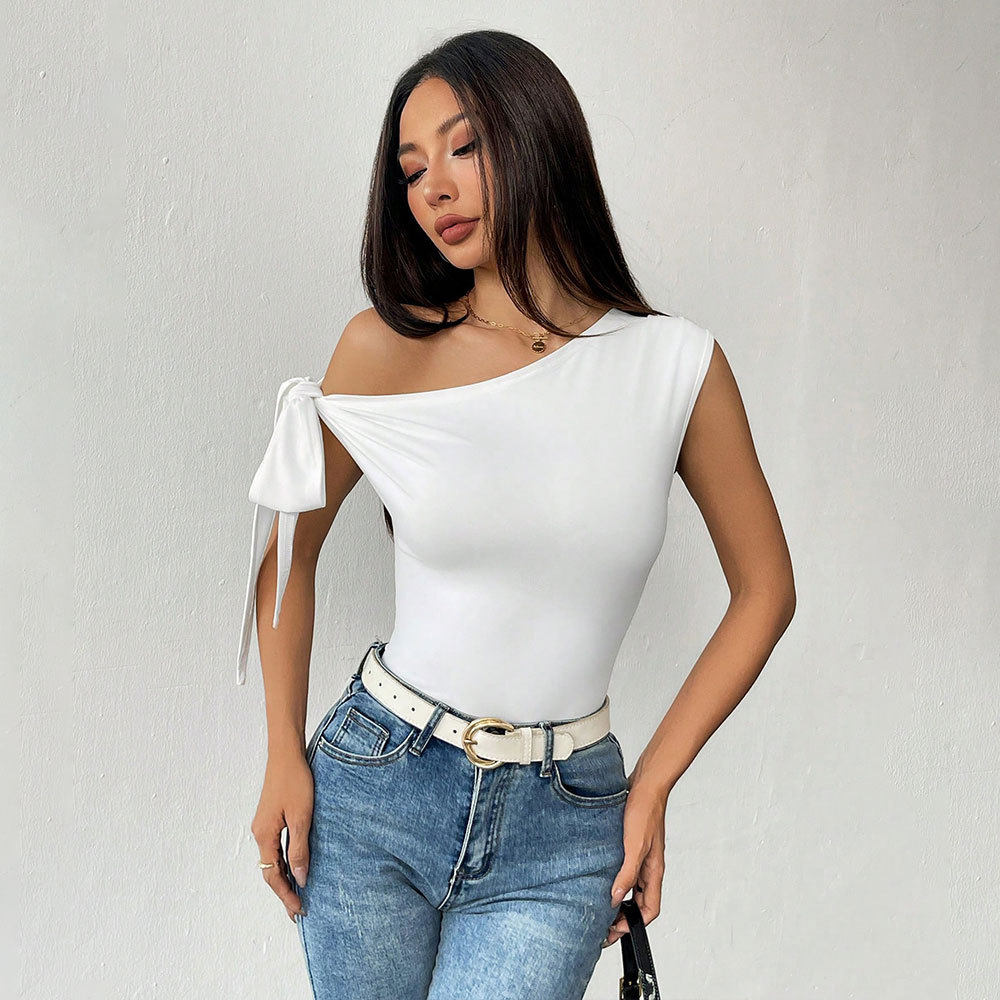 Womens Off Shoulder T Shirt Sexy Asymmetrical Neckline Short Length Unique Design Spring Summer Fashion Wholesale