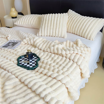 Cross-Border Custom-Made Faux Rabbit Fur Large Striped Blanket, Flannel Double-Sided Fleece Bed Sheet, Sofa Throw Blanket, Gift Blanket, Soft