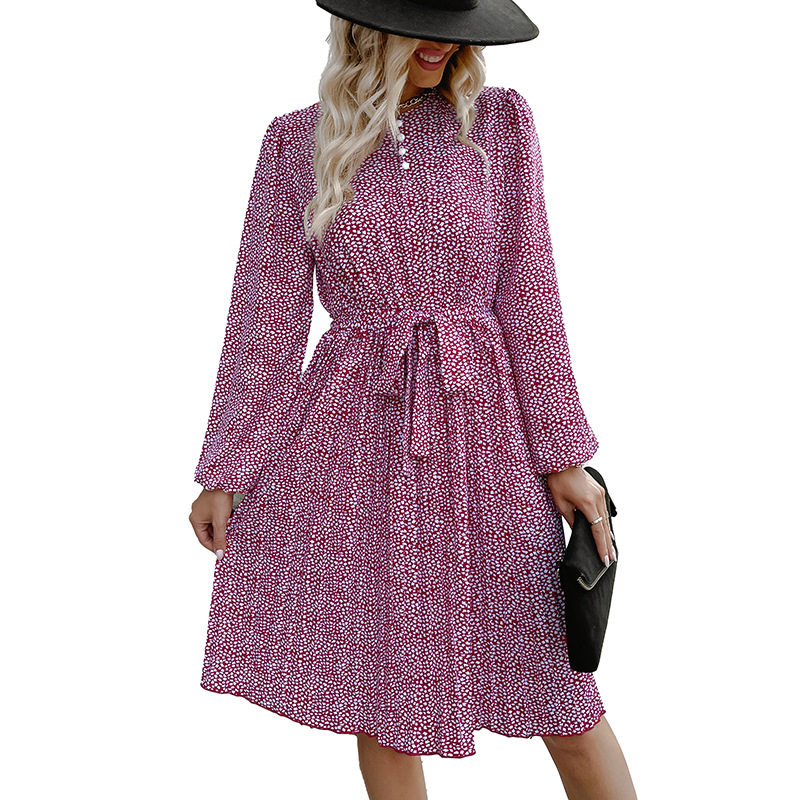 Floral Print Long Sleeve Dress Casual Sweet Elegant Round Neck Versatile Style Wholesale Available