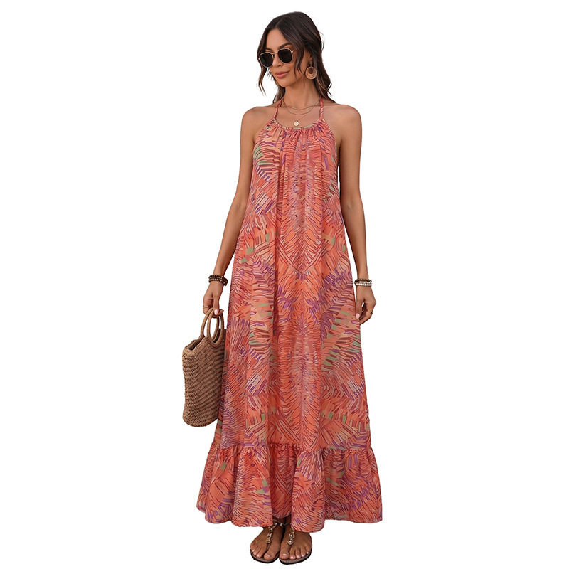 Bohemian Floral Print Backless Maxi Dress Relaxed Fit Halter Neck Lightweight Fabric Perfect for Vacations