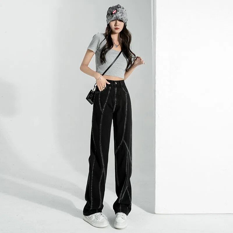 High Waisted Wide Leg Jeans for Women Spring Loose Fit Patchwork Design Casual Street Style Wholesale Available