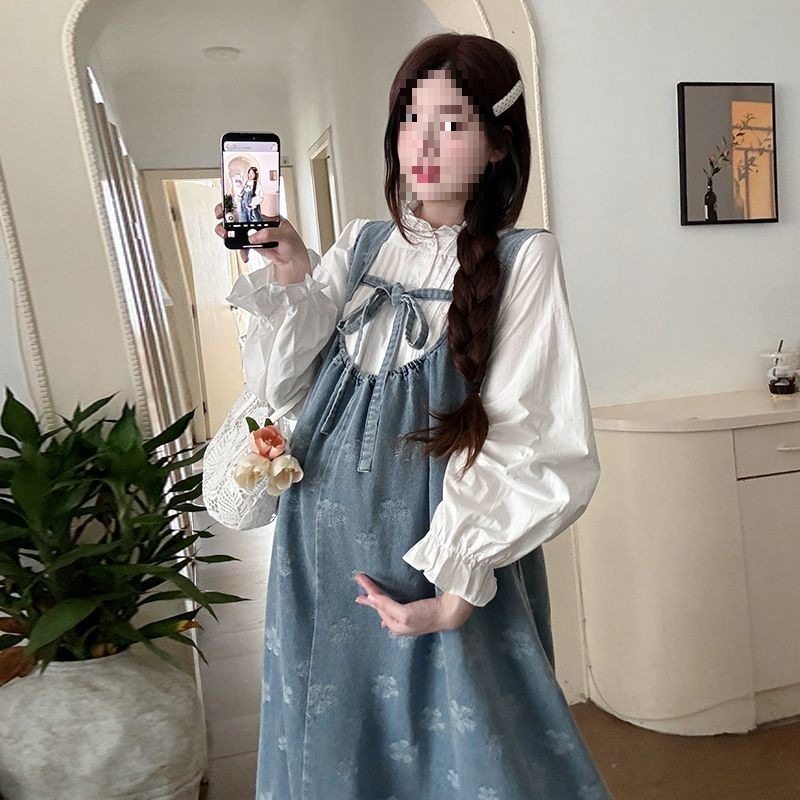 Maternity Suit, Autum Fashion Suit, Loose Mid-Length Trendy Mom Denim Maternity Suspender Skirt Outer Shirt Suit